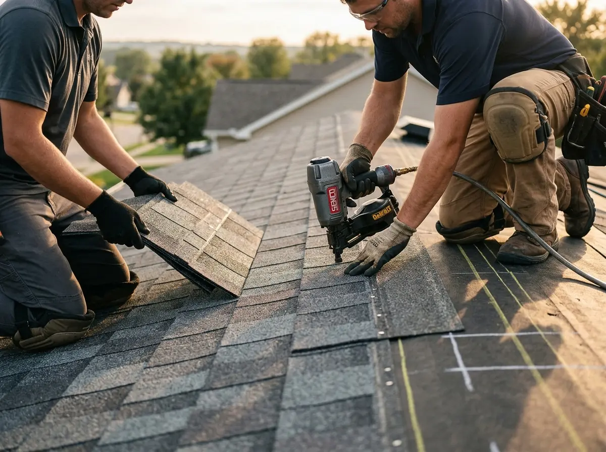 Professional roofer working on a residential roof in Northwood